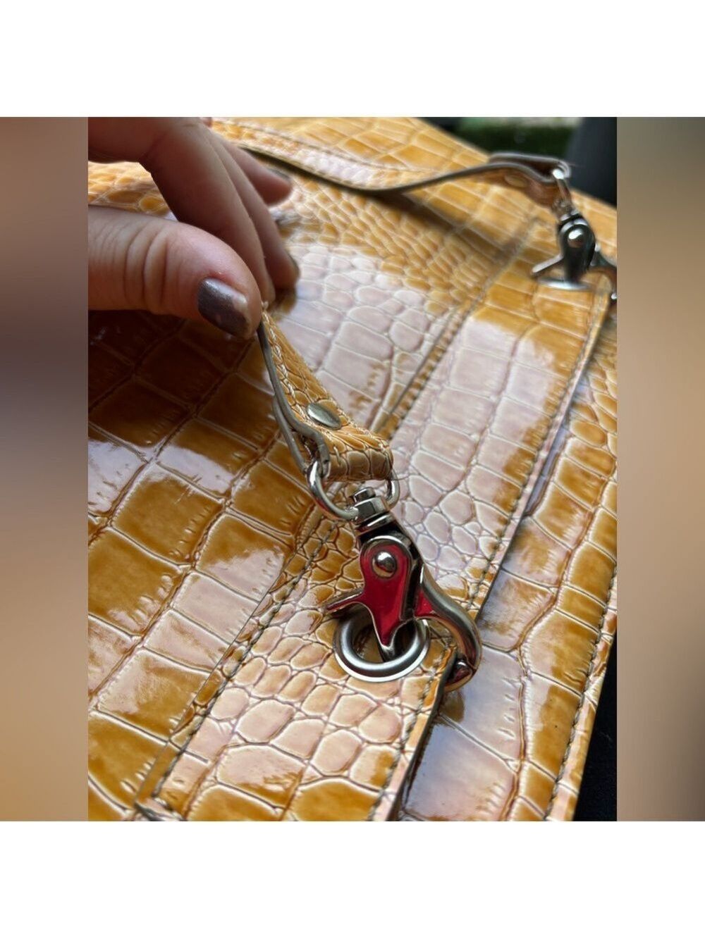 LIKE NEW Embossed Reptile Pattern Embossed Yellow Fashion Tote Bag - Picture 6 of 16